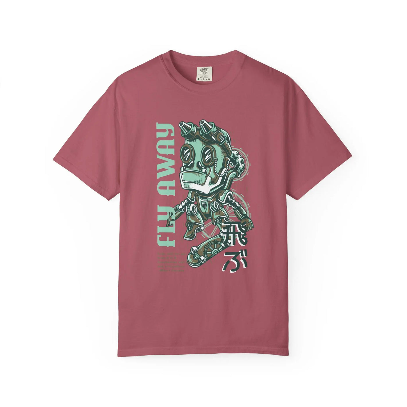 Fly Away Steampunk Robot With Japanese Text Design T-Shirt - Sinful Threads