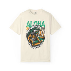 Zeus Surfing Illustration Graphic Design Aloha Text T-Shirt - Sinful Threads