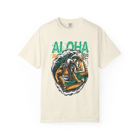 Zeus Surfing Illustration Graphic Design Aloha Text T-Shirt - Sinful Threads
