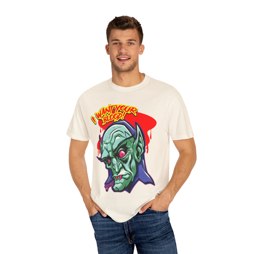 Dracula Cartoon Graphic Tee - I Want Blood Vampire Shirt - Sinful Threads