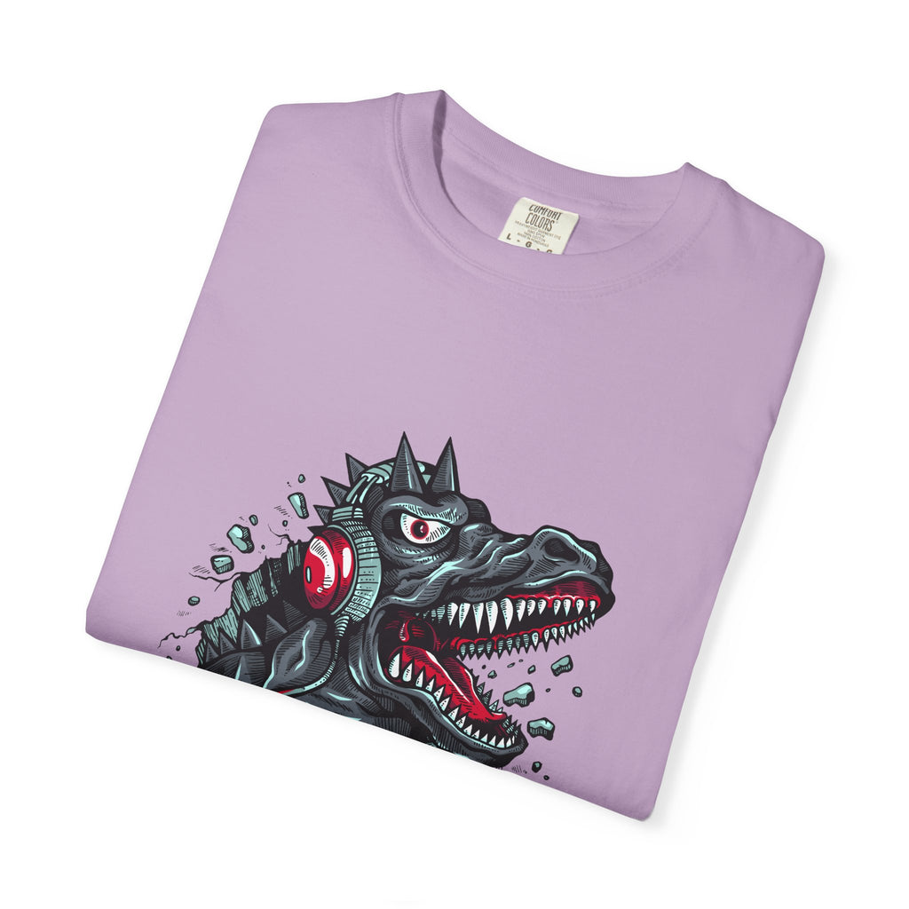 Dinosaur with Headphones Breaking Wall Graphic Design T-Shirt - Sinful Threads