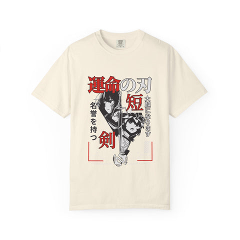 Beige t-shirt with anime-style design and text on a white background