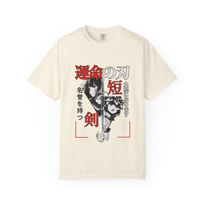 Beige t-shirt with anime-style design and text on a white background