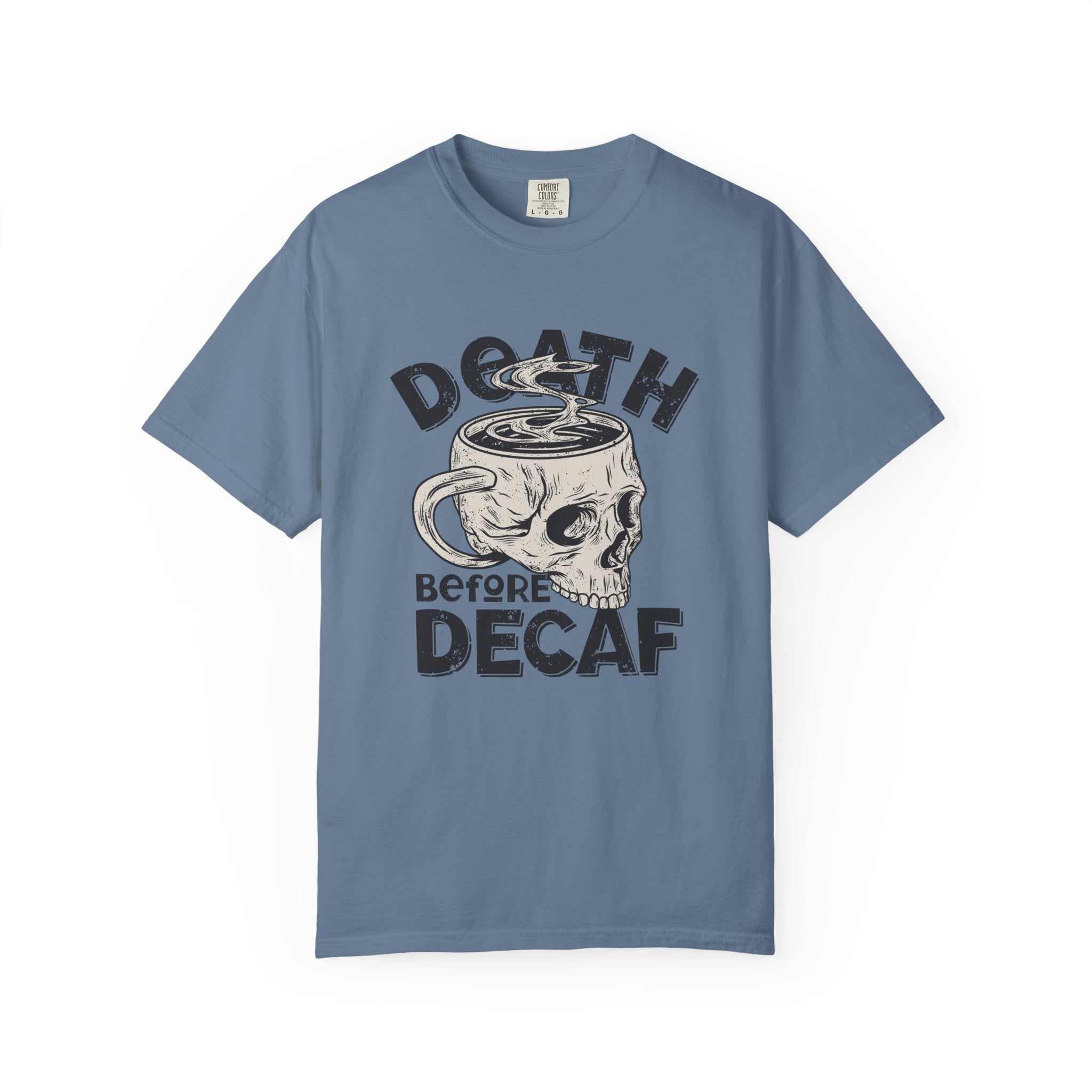 Coffee Skull Shirt - Death Before Decaf - Funny Caffeine Gift - Sinful Threads
