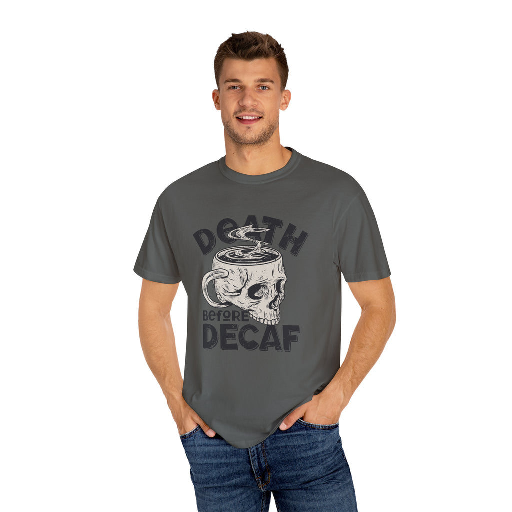 Coffee Skull Shirt - Death Before Decaf - Funny Caffeine Gift - Sinful Threads