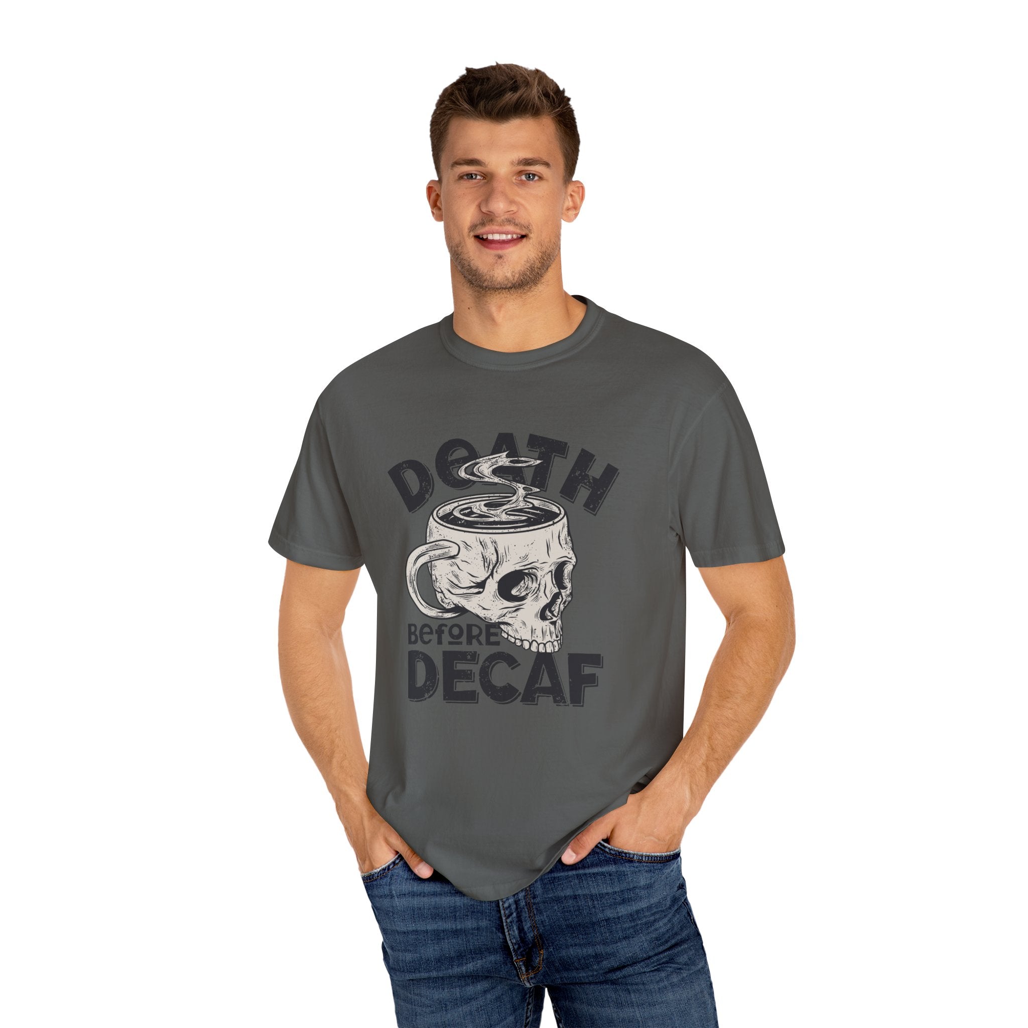 Coffee Skull Shirt - Death Before Decaf - Funny Caffeine Gift - Sinful Threads