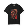 Black t-shirt with a graphic design of a tengu mask and red text on a white background
