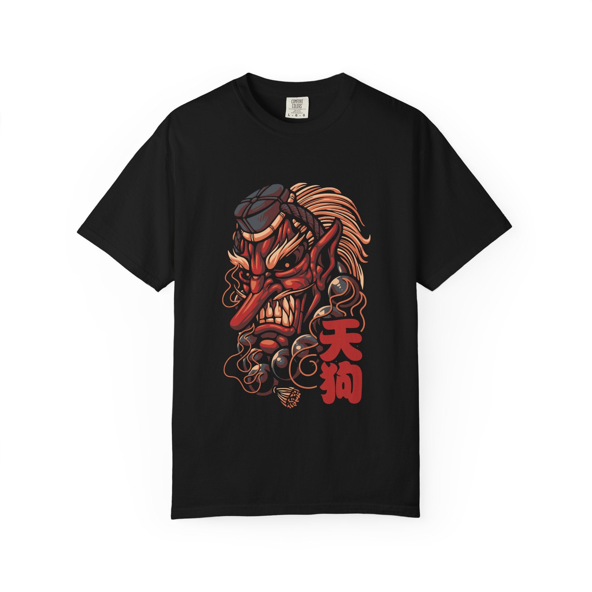 Black t-shirt with a graphic design of a tengu mask and red text on a white background