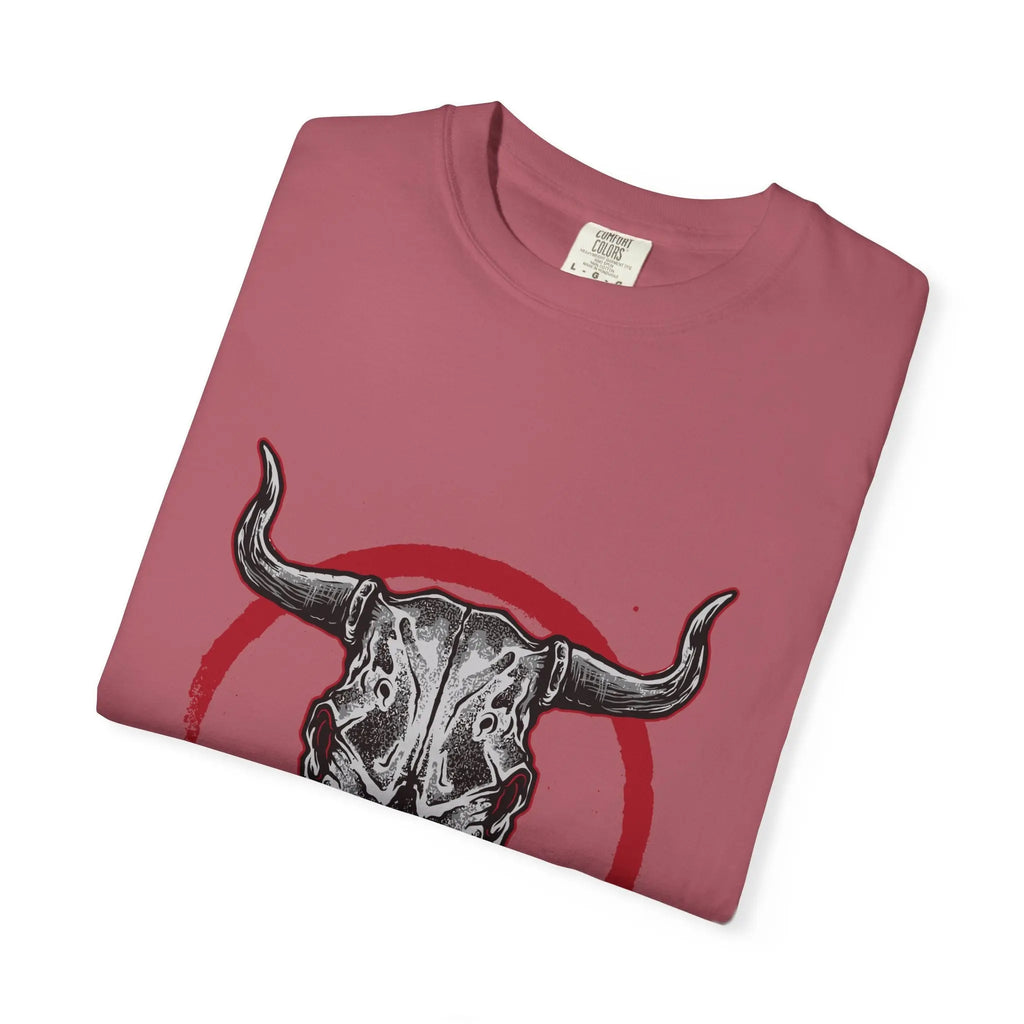 Intricate Bull Skull Design with Red Circle T-Shirt - Sinful Threads
