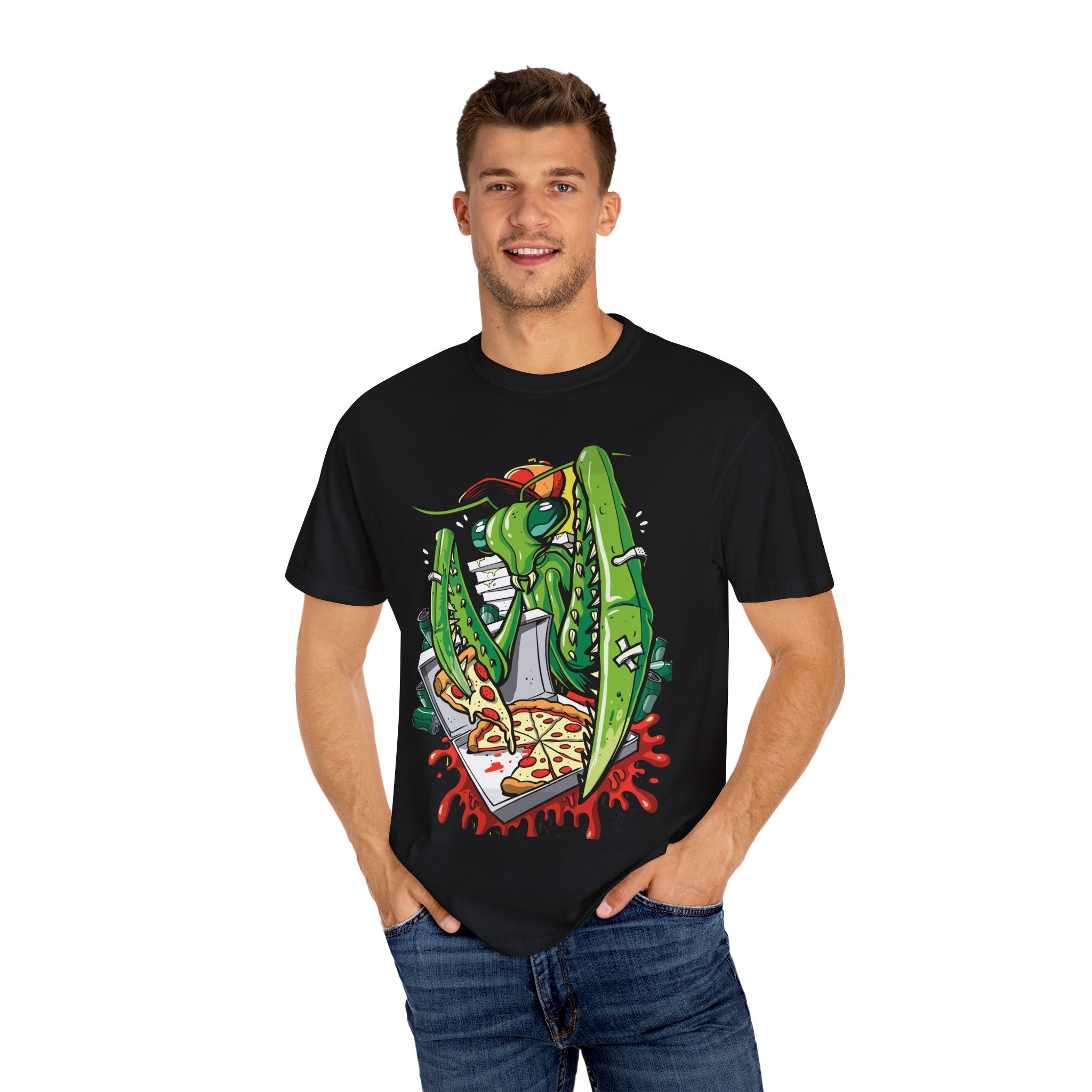Green Praying Mantis Pizza Tee - Fun Graphic Shirt Design - Sinful Threads