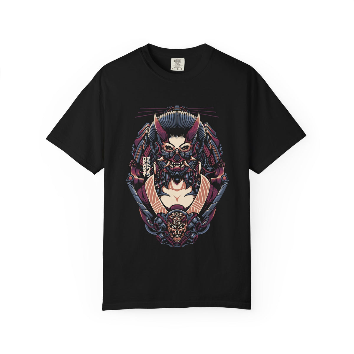Black t-shirt with a colorful graphic design on a white background