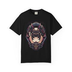 Black t-shirt with a colorful graphic design on a white background