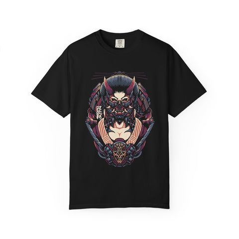 Black t-shirt with a colorful graphic design on a white background
