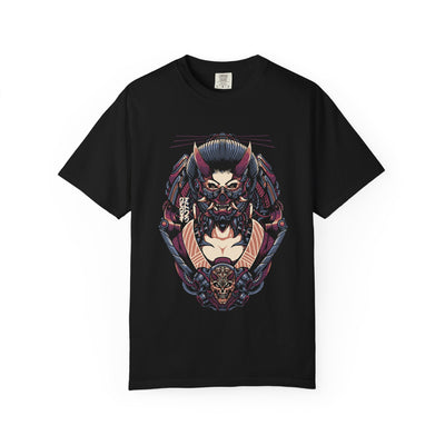 Black t-shirt with a colorful graphic design on a white background