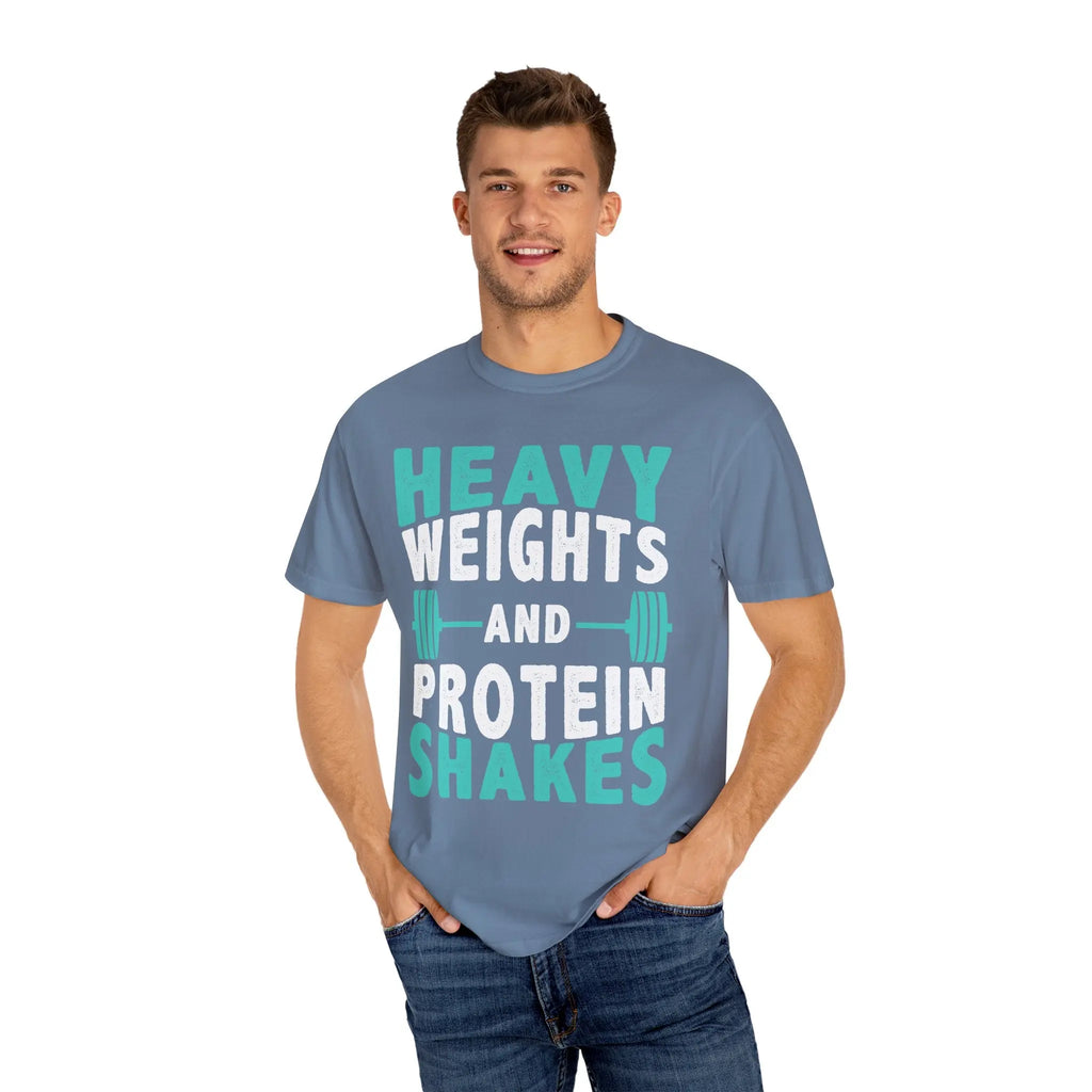 Gym Workout T-Shirt - Heavy Weights Protein Shakes Design for Lifters Printify