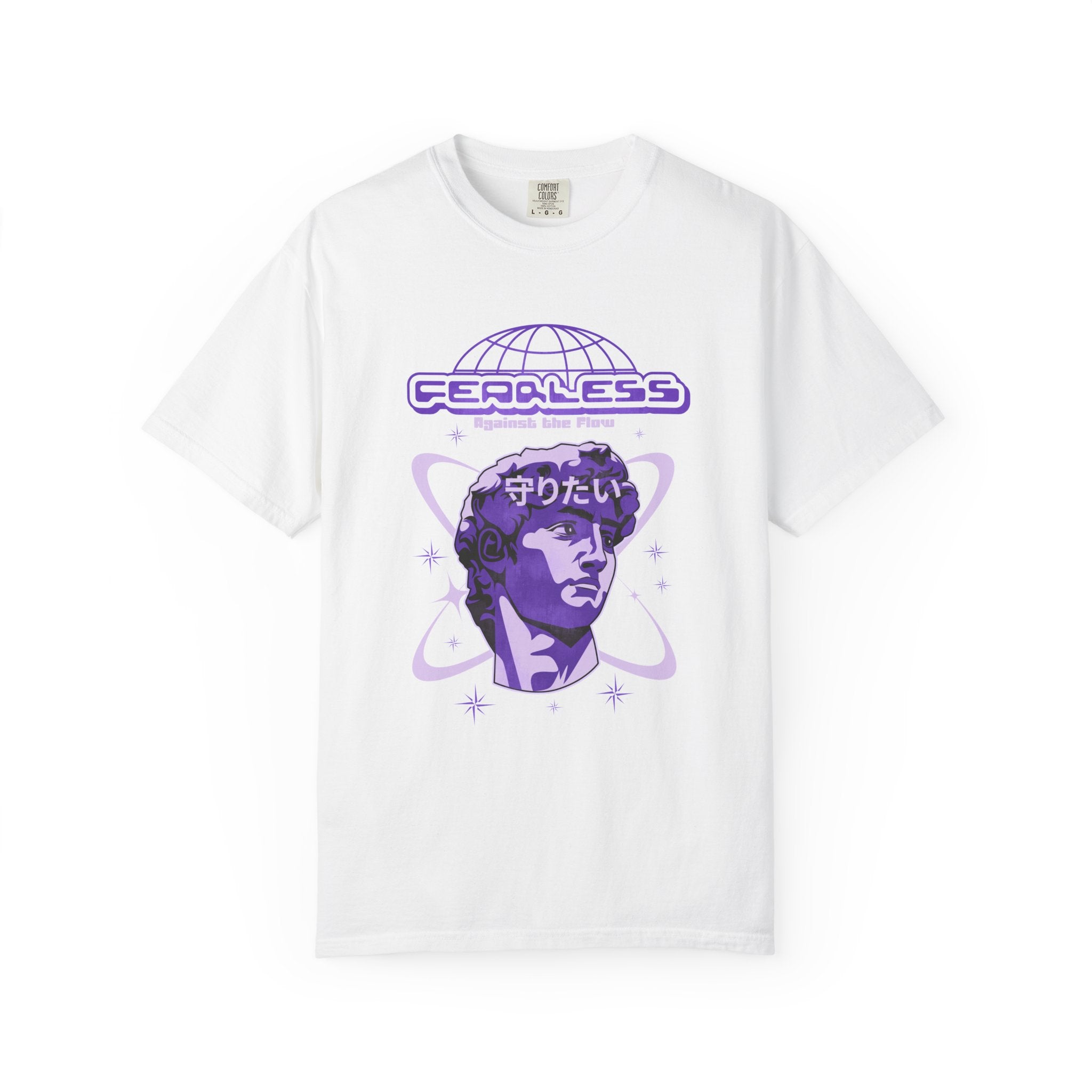 White t-shirt with purple graphic design and 'FEARLESS' text on a white background