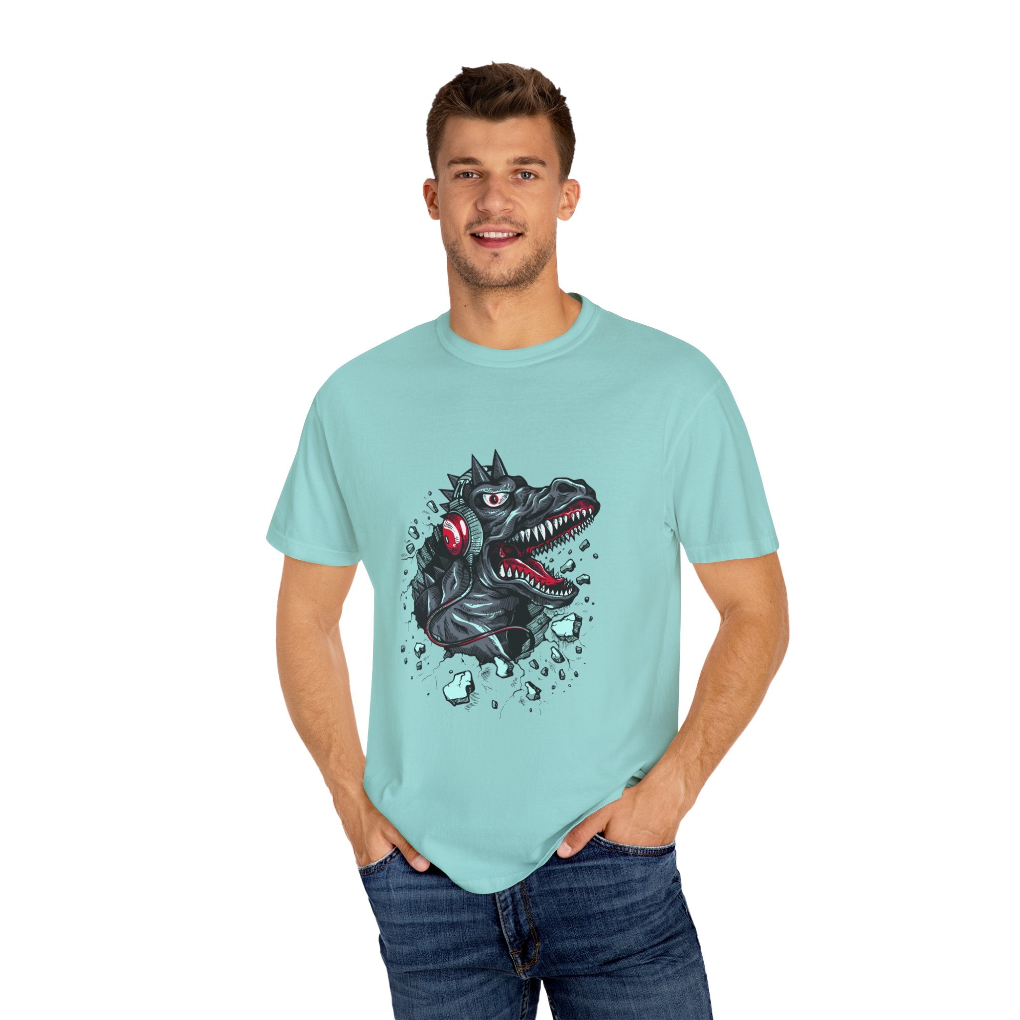 Dinosaur with Headphones Breaking Wall Graphic Design T-Shirt - Sinful Threads