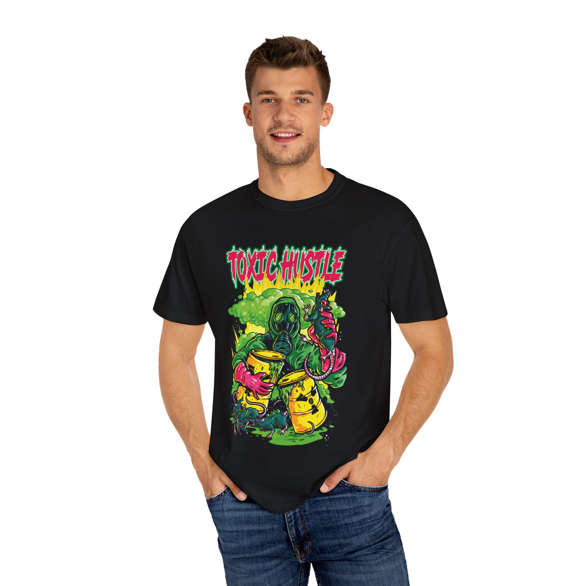 Toxic Hustle Hazmat Gas Mask Biohazard Tee - Survival Horror Shirt