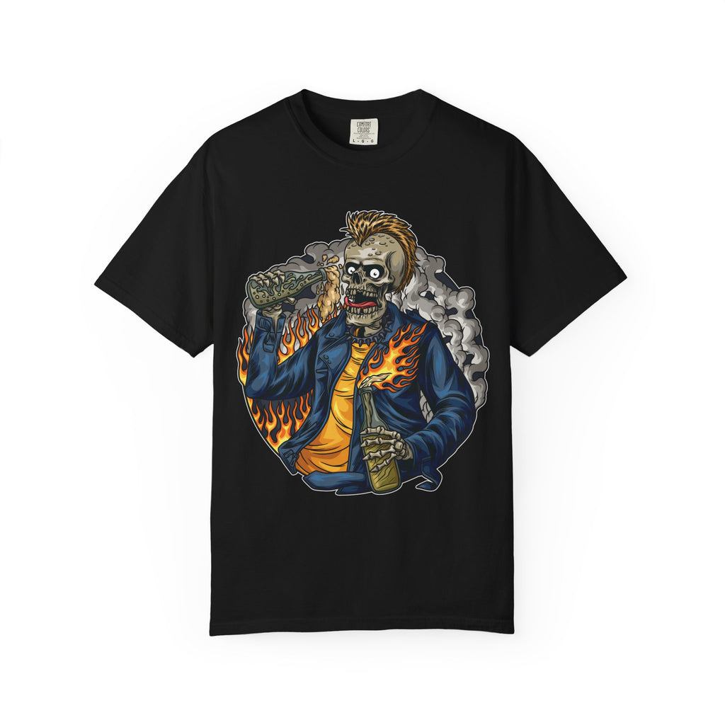 Black t-shirt with a graphic design of a zombie holding a beer on a white background