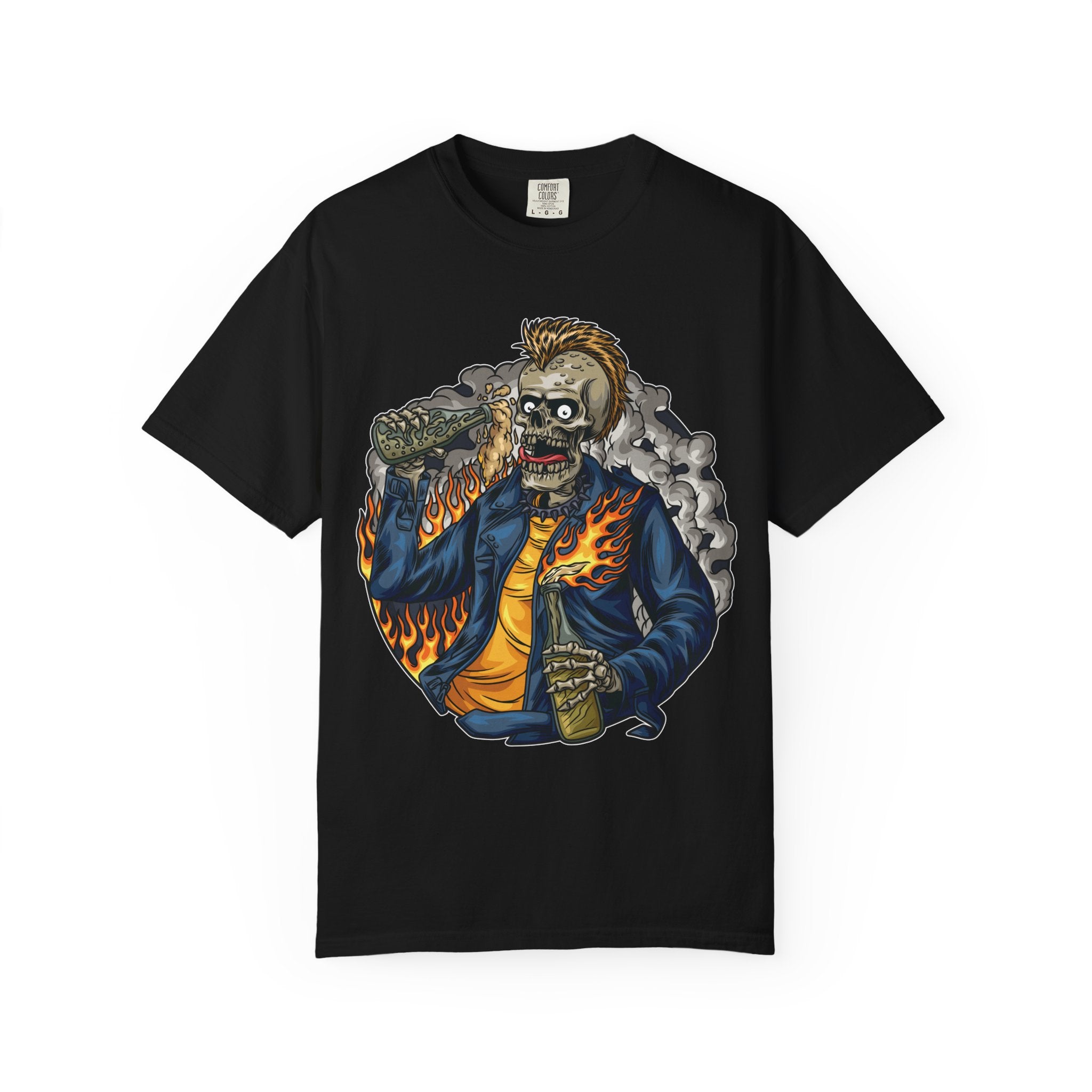 Black t-shirt with a graphic design of a zombie holding a beer on a white background