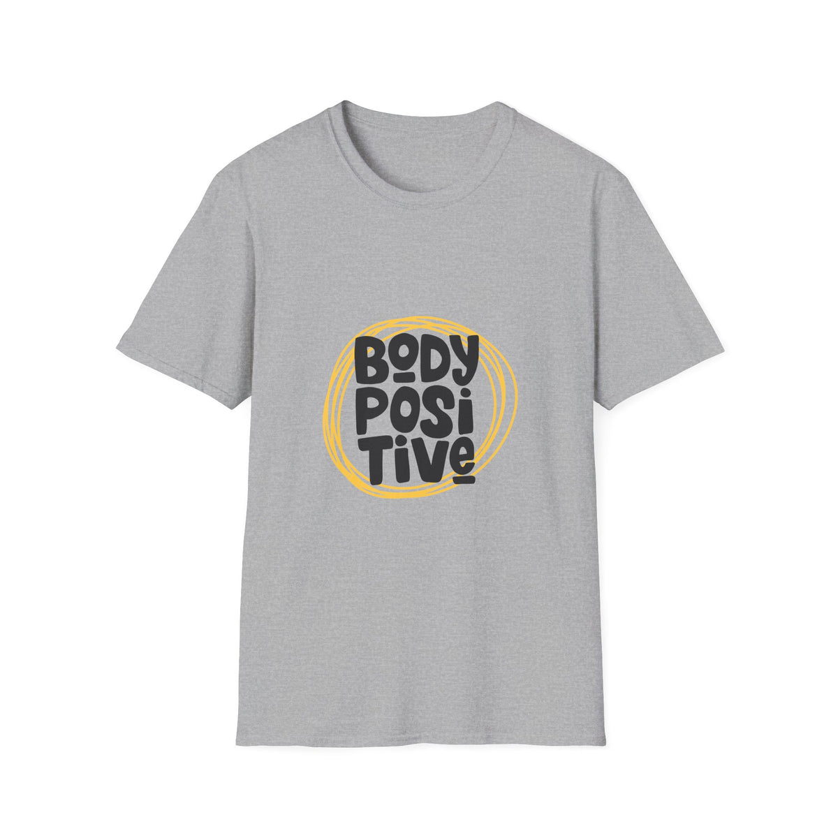 Gray t-shirt with 'BODY POSITIVE' text on a white background
