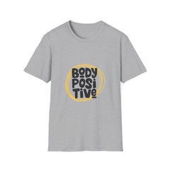 Gray t-shirt with 'BODY POSITIVE' text on a white background