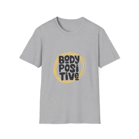 Gray t-shirt with 'BODY POSITIVE' text on a white background