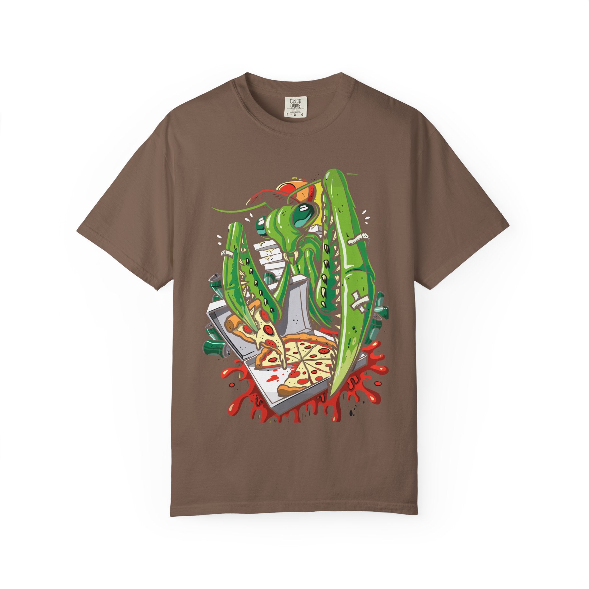 Green Praying Mantis Pizza Tee - Fun Graphic Shirt Design - Sinful Threads