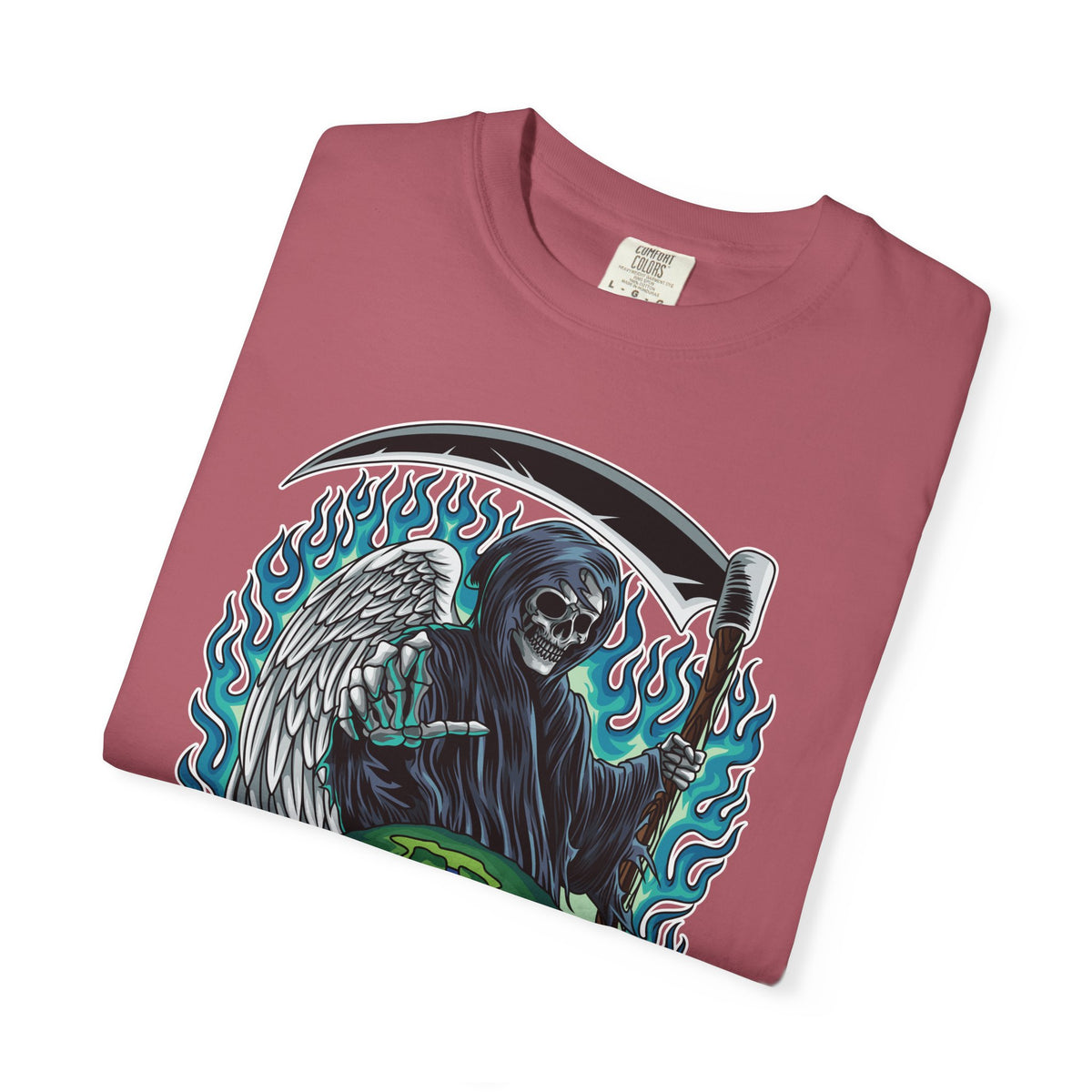 Grim Reaper Tee – Blue Flames Skull Gothic Death Shirt