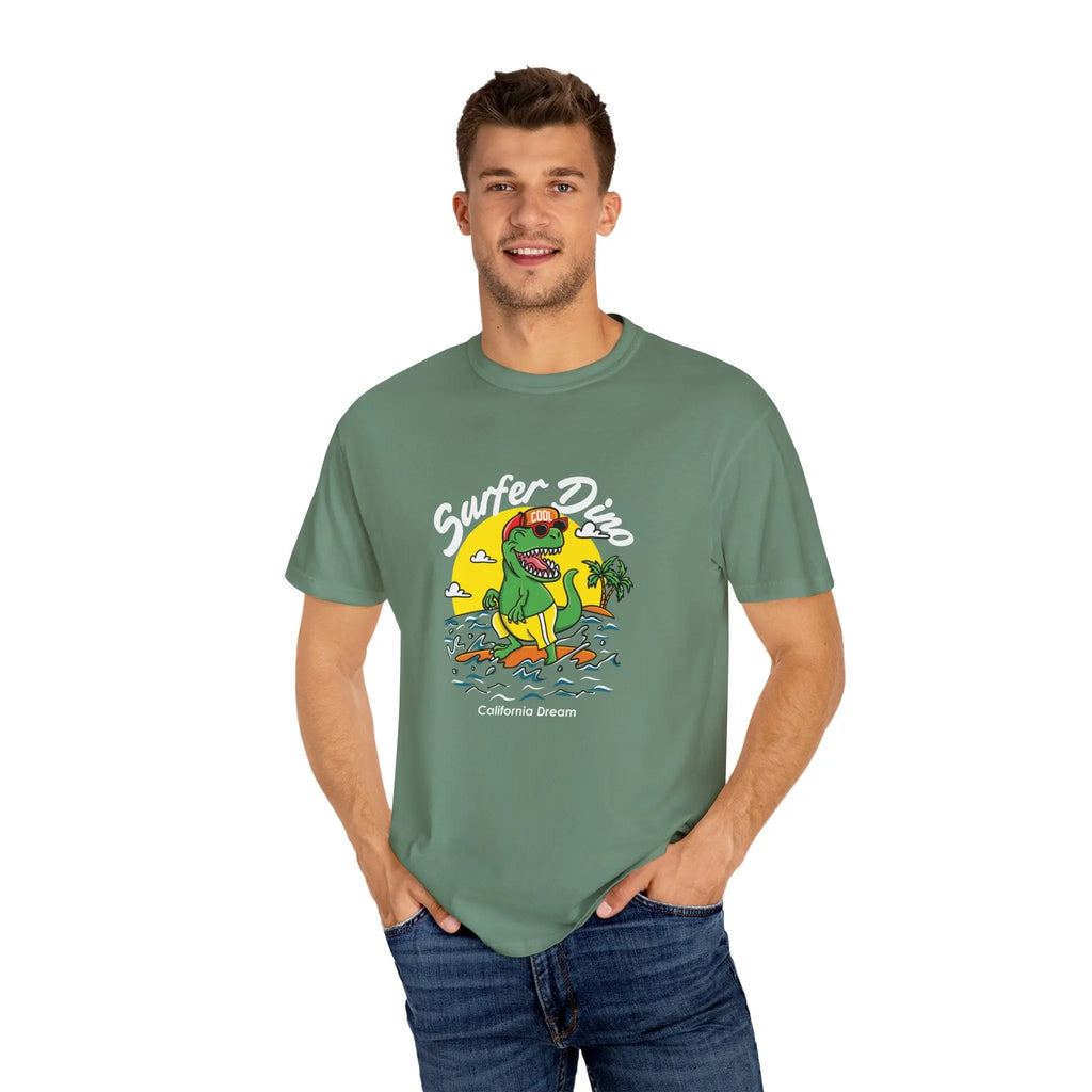 California Dream Surfing Dinosaur In Waves With Palm Tree Graphic T-Shirt - Sinful Threads