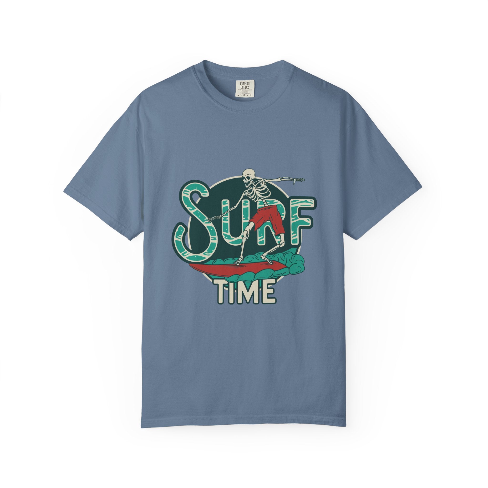 Blue t-shirt with a skeleton surfing design and 'Surf Time' text on a white background